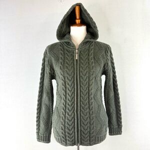 Original Aran Co. Green Merino Wool Cable Knit Hooded Full Zip Sweater